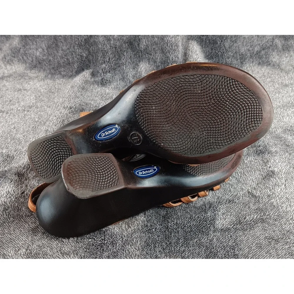 Dr Scholls Womens Tan Leather‎ Wedge Sandals Ankle Strap Comfort Shoes Size 7.5